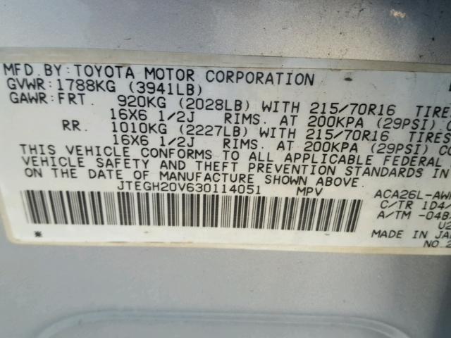 JTEGH20V630114051 - 2003 TOYOTA RAV4 SILVER photo 10