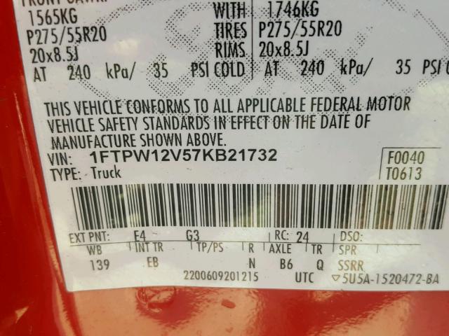 1FTPW12V57KB21732 - 2007 FORD F150 SUPER RED photo 10