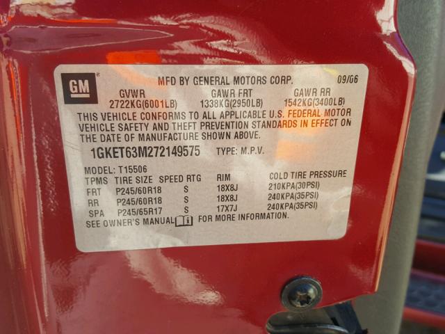 1GKET63M272149575 - 2007 GMC ENVOY DENA RED photo 10