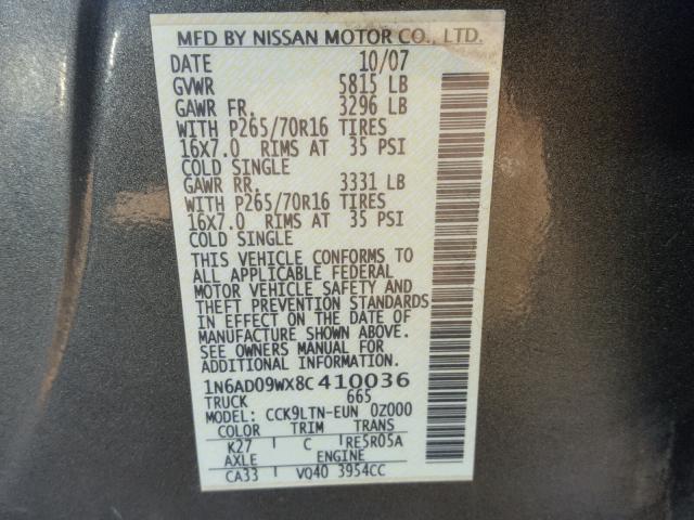 1N6AD09WX8C410036 - 2008 NISSAN FRONTIER C GRAY photo 10