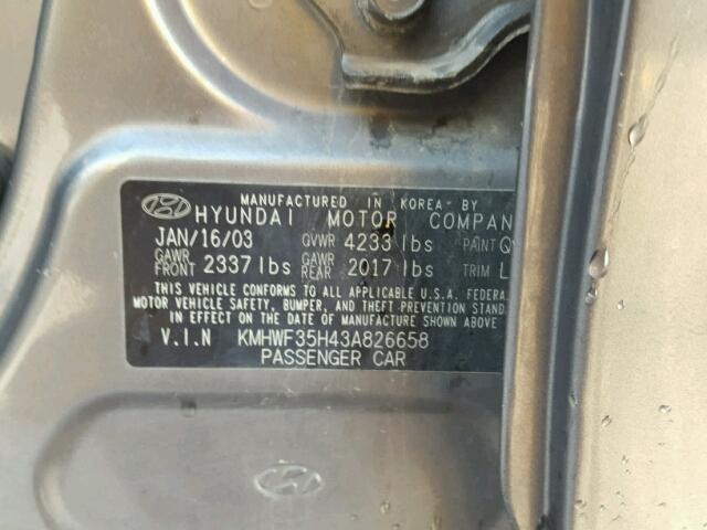 KMHWF35H43A826658 - 2003 HYUNDAI SONATA GLS GRAY photo 10