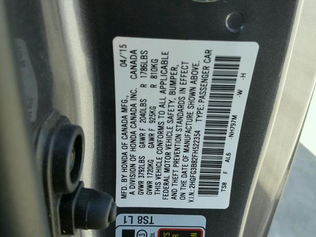 2HGFG3B82FH522354 - 2015 HONDA CIVIC EX ნაცრისფერი ფოტო 10