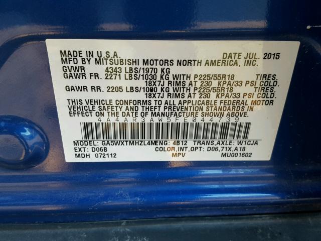 4A4AR3AW5FE044739 - 2015 MITSUBISHI OUTLANDER BLUE photo 10