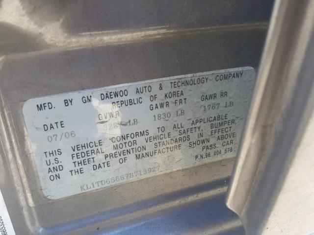 KL1TD66667B713927 - 2007 CHEVROLET AVEO BASE Szary zdjęcie 10