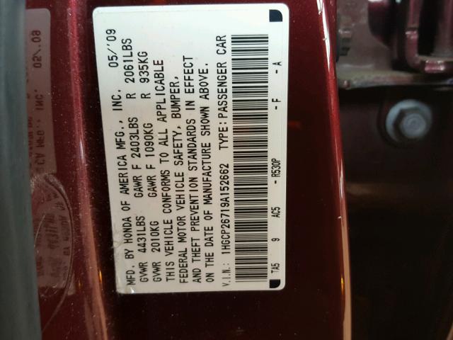 1HGCP26719A152662 - 2009 HONDA ACCORD EX MAROON photo 10