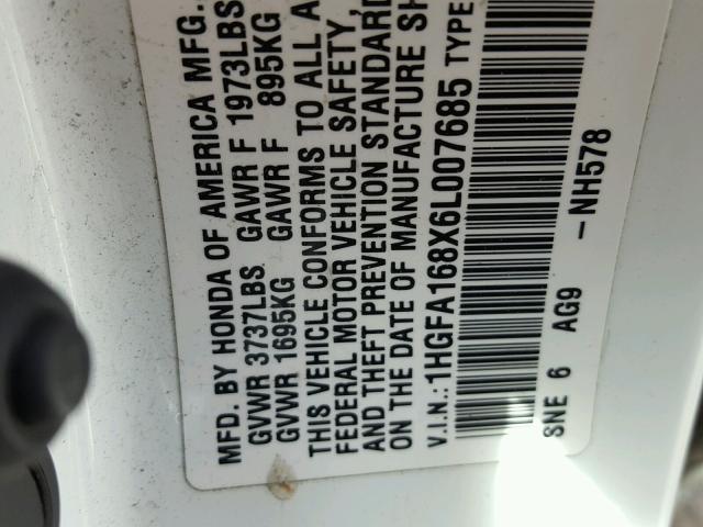 1HGFA168X6L007685 - 2006 HONDA CIVIC EX თეთრი ფოტო 10