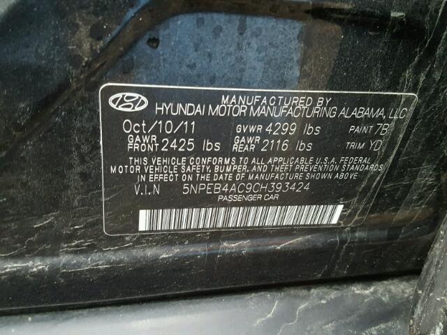 5NPEB4AC9CH393424 - 2012 HYUNDAI SONATA GLS BLACK photo 10