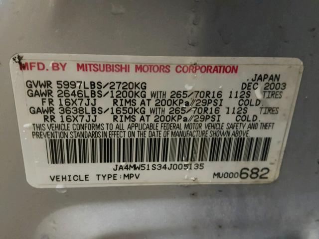 JA4MW51S34J005135 - 2004 MITSUBISHI MONTERO LI SILVER photo 10