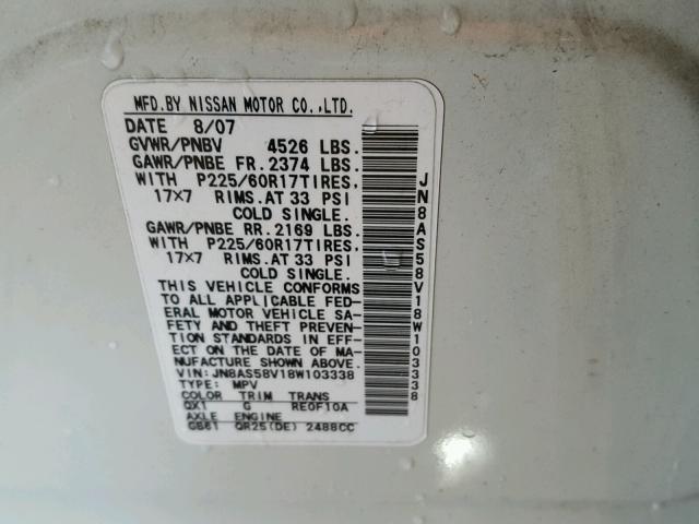 JN8AS58V18W103338 - 2008 NISSAN ROGUE S WHITE photo 10