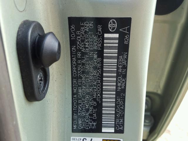 JTDKB20U477567878 - 2007 TOYOTA PRIUS GREEN photo 10