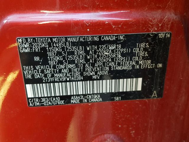 2T3YFREV9FW140384 - 2015 TOYOTA RAV4 LIMIT RED photo 10