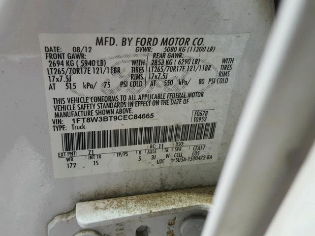 1FT8W3BT9CEC84665 - 2012 FORD F350 SUPER WHITE photo 10