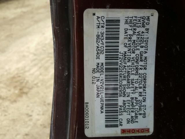 JT2VV22E6K0090956 - 1989 TOYOTA CAMRY LE MAROON photo 10