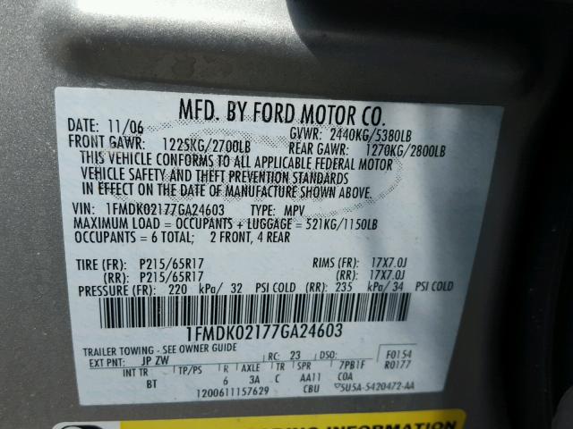 1FMDK02177GA24603 - 2007 FORD FREESTYLE SILVER photo 10