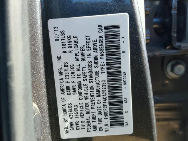 1HGCP2F44CA209353 - 2012 HONDA ACCORD LXP GRAY photo 10