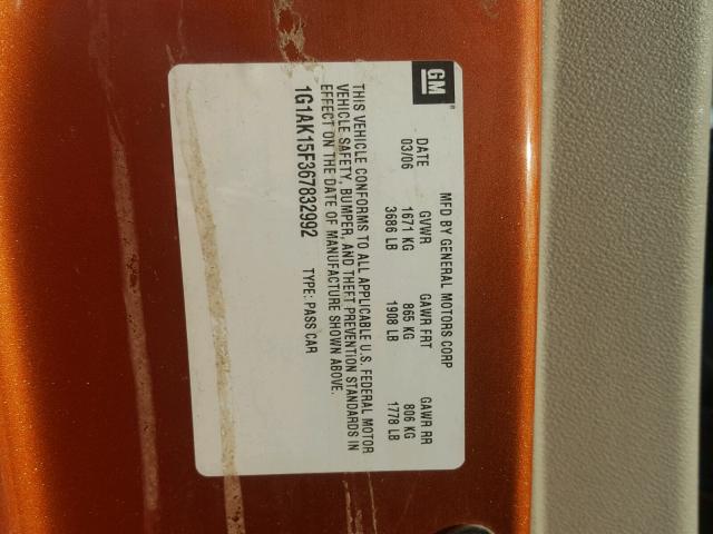 1G1AK15F367832992 - 2006 CHEVROLET COBALT LS ORANGE photo 10