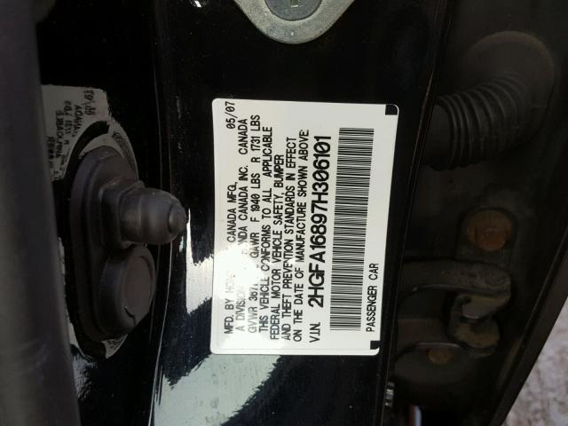 2HGFA16897H306101 - 2007 HONDA CIVIC EX BLACK photo 10