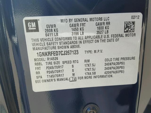 1GNKRFED7CJ267123 - 2012 CHEVROLET TRAVERSE L BLUE photo 10