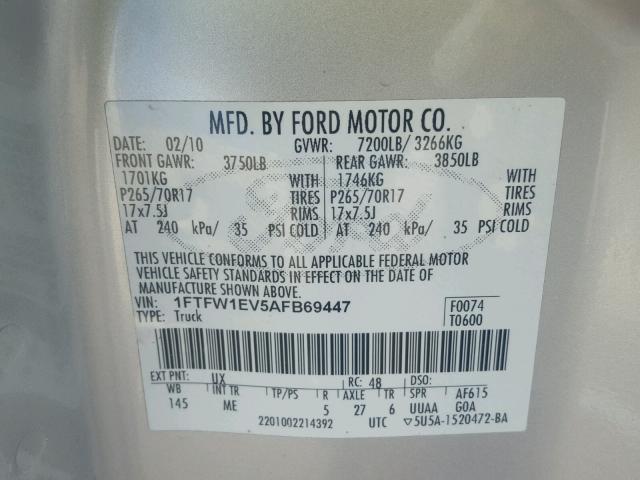 1FTFW1EV5AFB69447 - 2010 FORD F150 SUPER SILVER photo 10