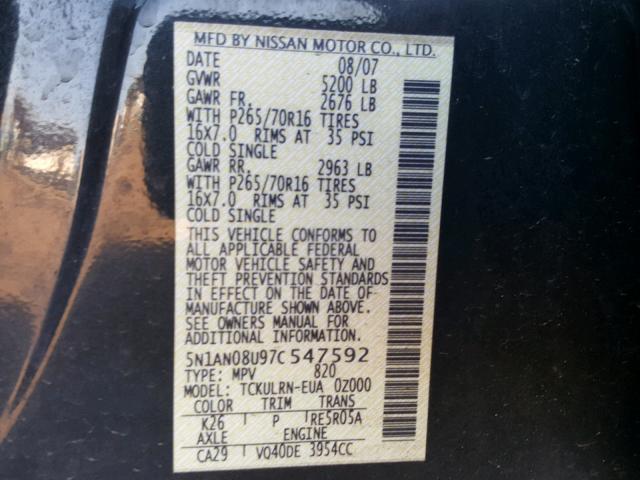 5N1AN08U97C547592 - 2007 NISSAN XTERRA OFF GRAY photo 10