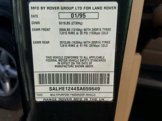 SALHE1244SA659649 - 1995 LAND ROVER RANGE ROVE GREEN photo 10