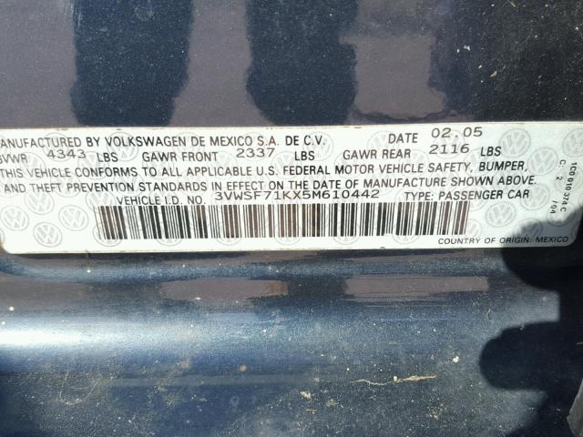 3VWSF71KX5M610442 - 2005 VOLKSWAGEN NEW JETTA BLUE photo 10