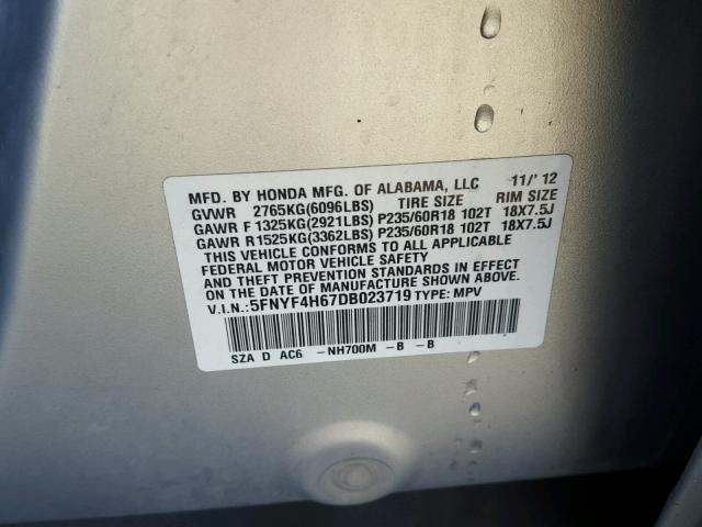 5FNYF4H67DB023719 - 2013 HONDA PILOT EXL SILVER photo 10