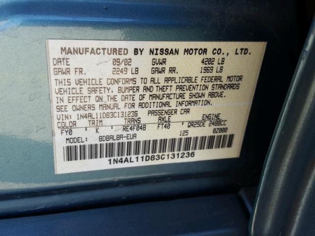 1N4AL11D83C131236 - 2003 NISSAN ALTIMA BAS GREEN photo 10