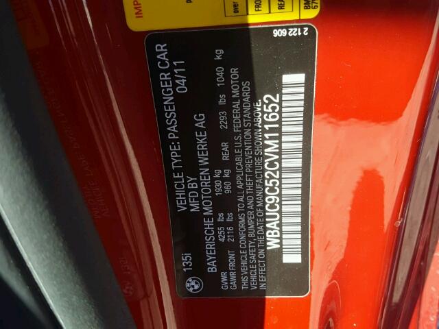 WBAUC9C52CVM11652 - 2012 BMW 135 I RED photo 10