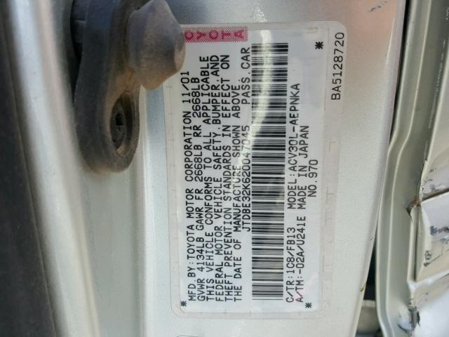 JTDBE32K620047045 - 2002 TOYOTA CAMRY LE SILVER photo 10