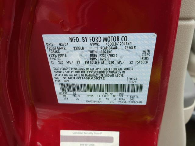 1FMCU03148KA39272 - 2008 FORD ESCAPE XLT RED photo 10