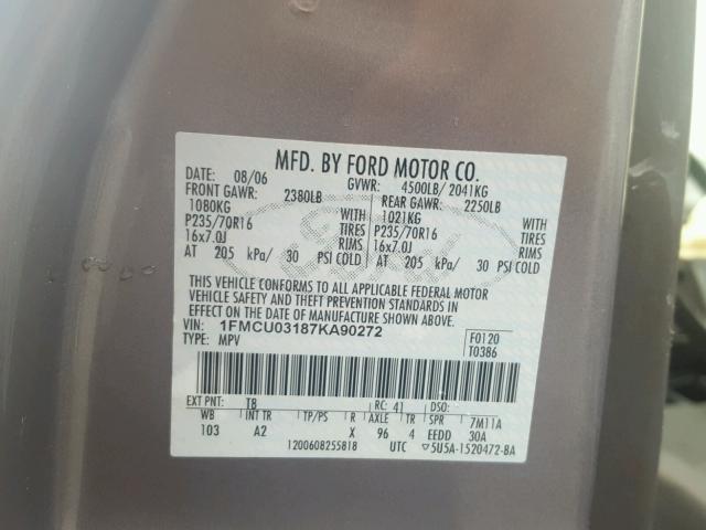 1FMCU03187KA90272 - 2007 FORD ESCAPE XLT GRAY photo 10