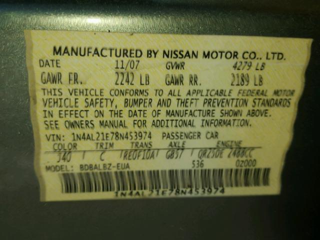 1N4AL21E78N453974 - 2008 NISSAN ALTIMA 2.5 GREEN photo 10