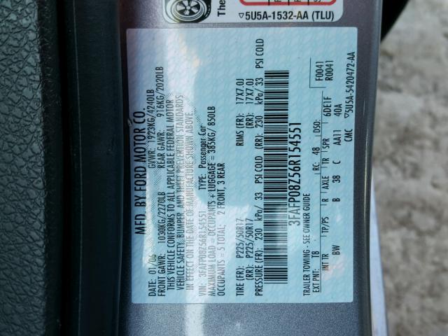 3FAFP08Z56R154551 - 2006 FORD FUSION SEL GRAY photo 10