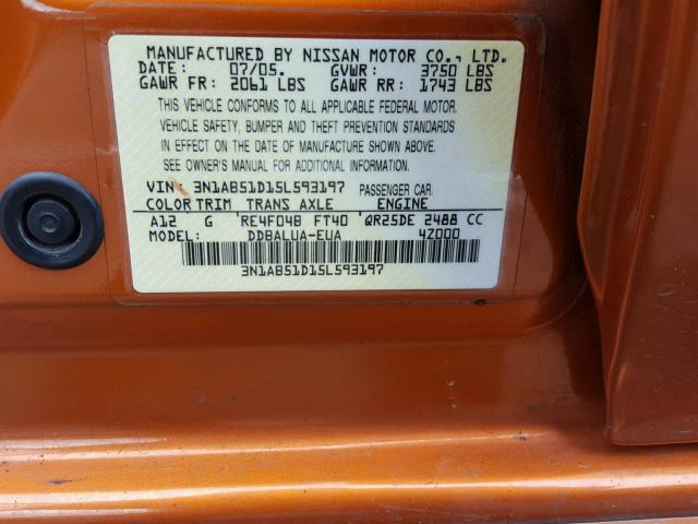 3N1AB51D15L593197 - 2005 NISSAN SENTRA SE- ORANGE photo 10