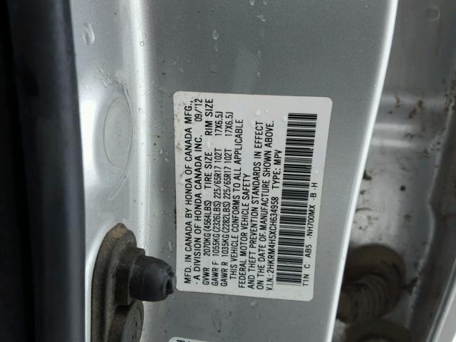 2HKRM4H5XCH634958 - 2012 HONDA CR-V EX SILVER photo 10