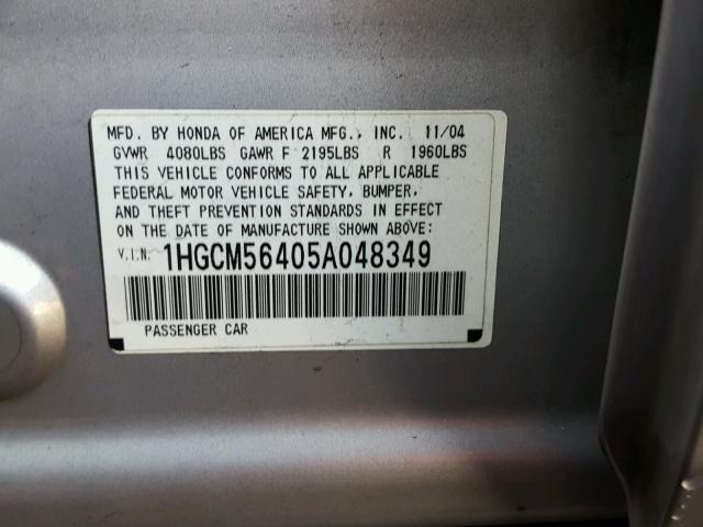 1HGCM56405A048349 - 2005 HONDA ACCORD LX SILVER photo 10