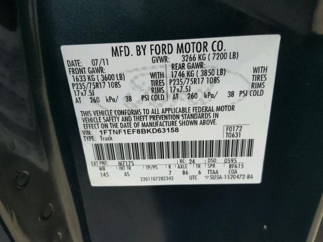 1FTNF1EF8BKD63158 - 2011 FORD F150 GREEN photo 10