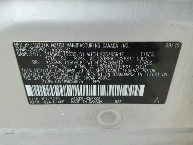 2T3BF4DV4BW086674 - 2011 TOYOTA RAV4 GRAY photo 10