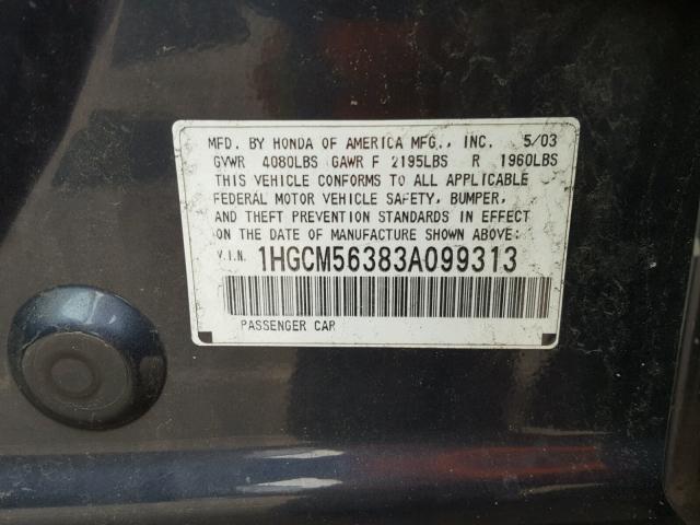 1HGCM56383A099313 - 2003 HONDA ACCORD LX CHARCOAL photo 10