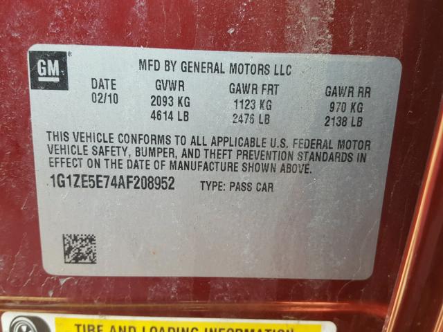 1G1ZE5E74AF208952 - 2010 CHEVROLET MALIBU LTZ Қызыл фото 10