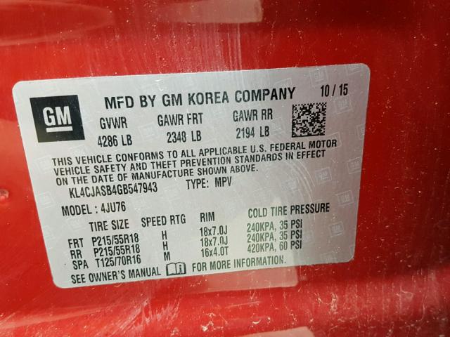 KL4CJASB4GB547943 - 2016 BUICK ENCORE MAROON photo 10