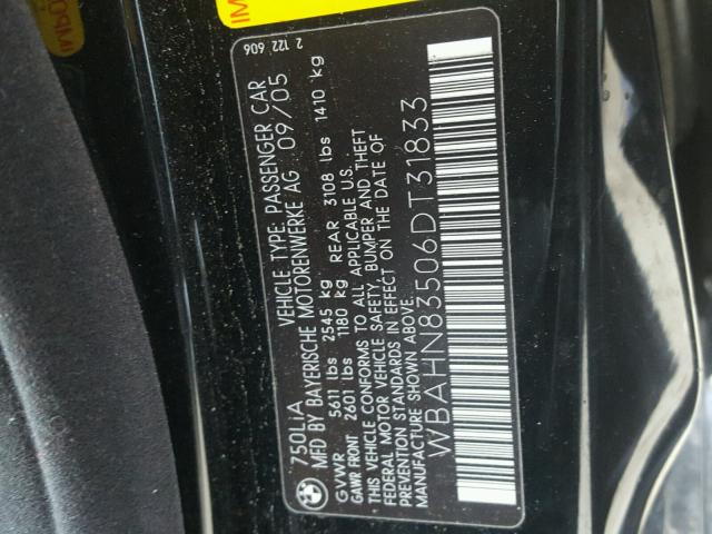 WBAHN83506DT31833 - 2006 BMW 750 LI BLACK photo 10