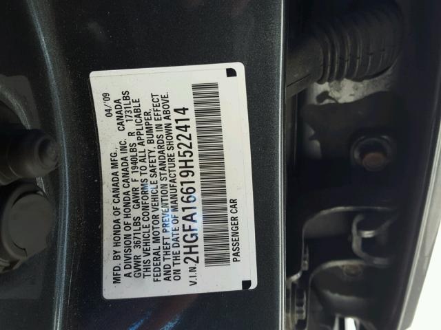 2HGFA16619H522414 - 2009 HONDA CIVIC GRAY photo 10