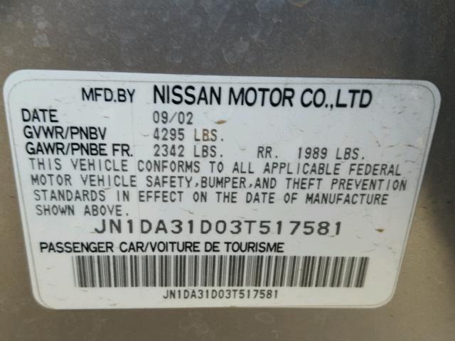 JN1DA31D03T517581 - 2003 NISSAN MAXIMA GLE SILVER photo 10