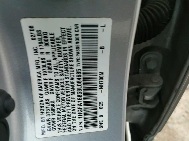 1HGFA16858L064685 - 2008 HONDA CIVIC EX ვერცხლისფერი ფოტო 10