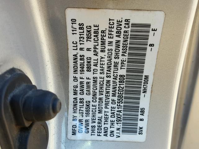 19XFA1F55BE021808 - 2011 HONDA CIVIC LX SILVER photo 10