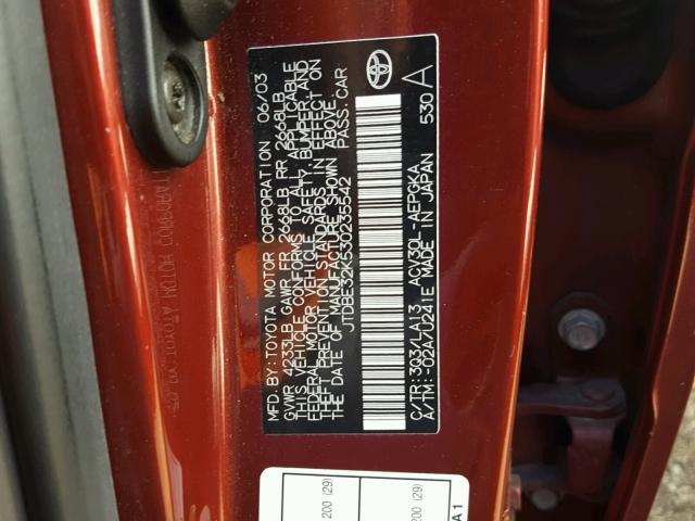 JTDBE32K530235542 - 2003 TOYOTA CAMRY LE MAROON photo 10