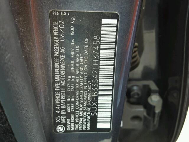 5UXFB33542LH37458 - 2002 BMW X5 4.4I BLUE photo 10