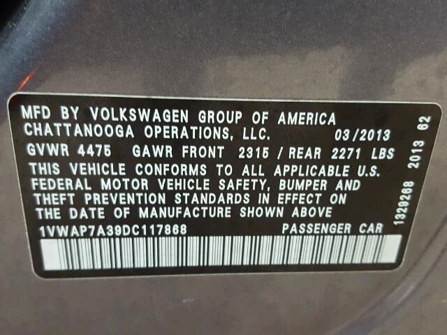 1VWAP7A39DC117868 - 2013 VOLKSWAGEN PASSAT S رمادي صورة 10